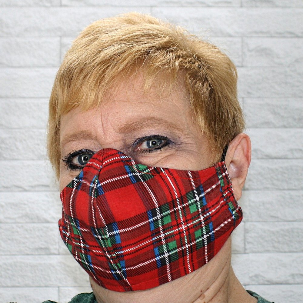 HAND CRAFTED Face Mask Red Tartan Plaid Cotton - Adult - Shield Style